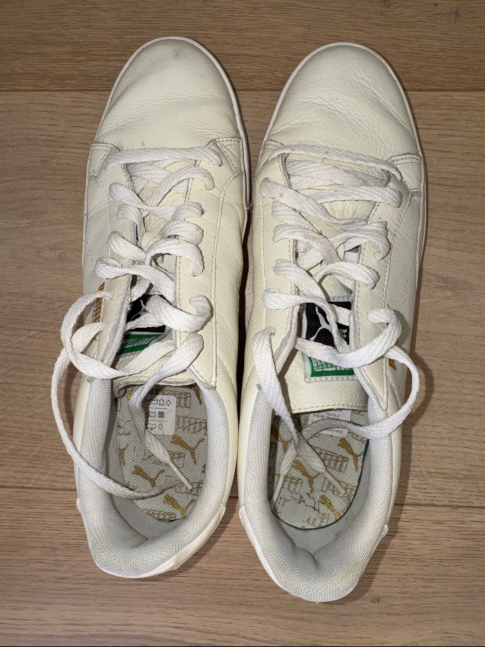 Puma White Classic Match Sneakers with Gold Logo. Size 10.